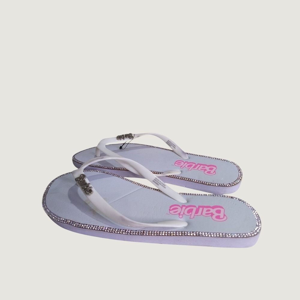 Barbie White Rhinestone Flip Flop Sandals Pink Logo Charm Women Size Large 9-10 - Picture 2 of 5